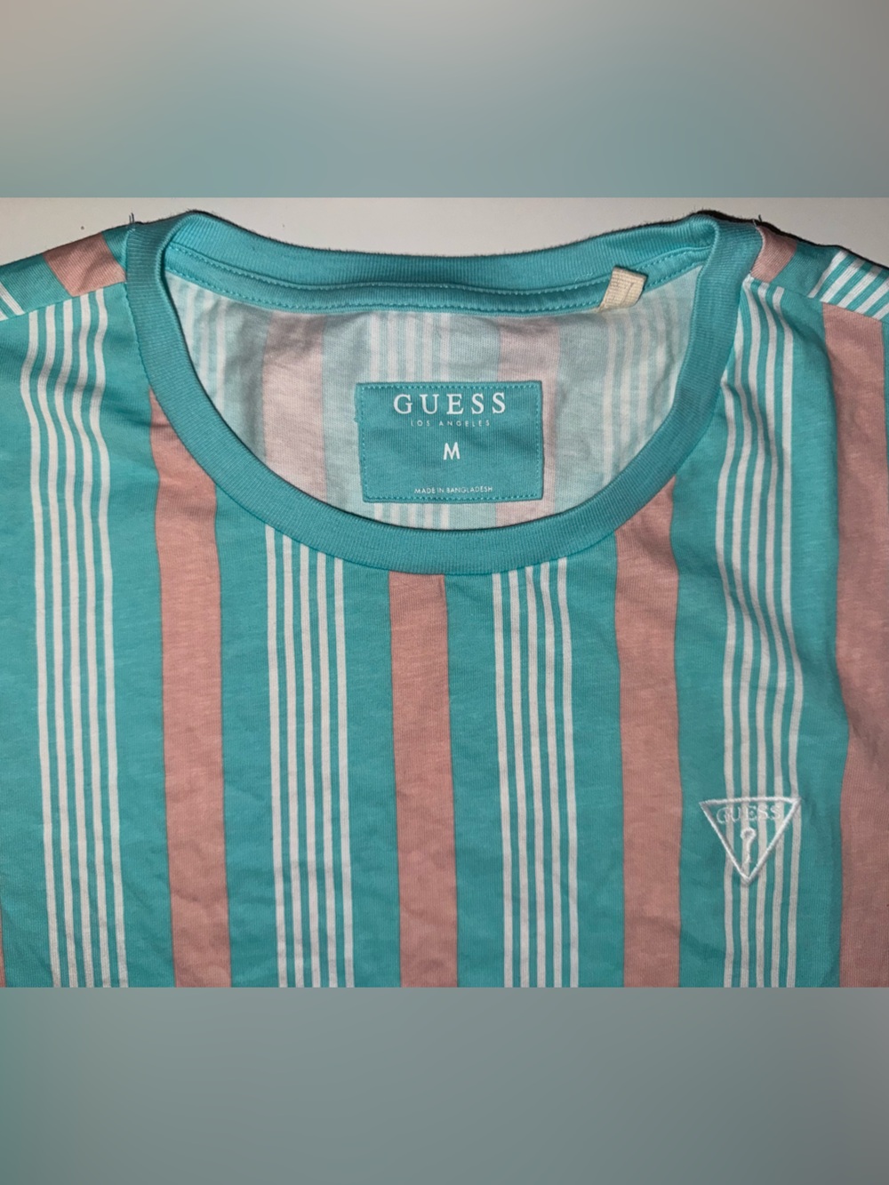 GUESS Teal and Pink Striped Crewneck Tee